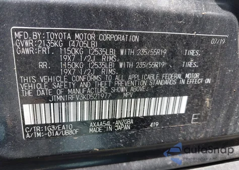 2019 Toyota Rav4 Limited из США, поврежденный, VIN JTMN1RFV3KD521977